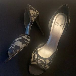 Stuart Weitzman black guipure lace d’orsay open-toe heels, Size 8M
